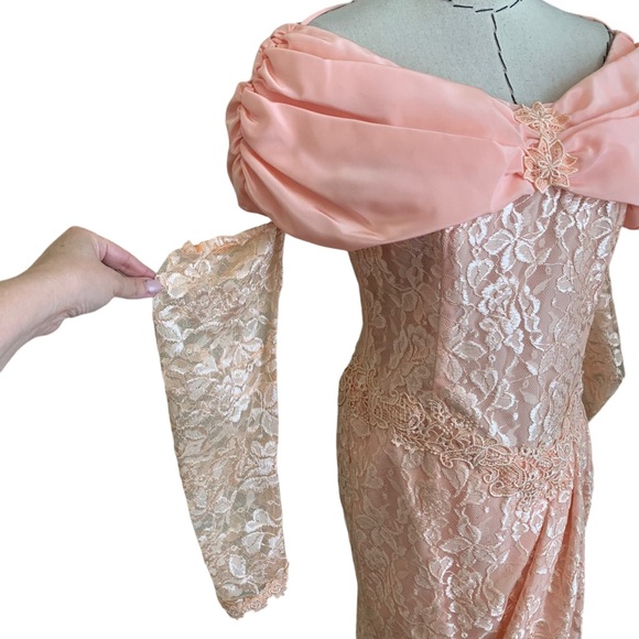 Vintage 80s Pink Lace Off Shoulder Dress Dress with Matching Gloves XS Prom - Picture 4 of 14